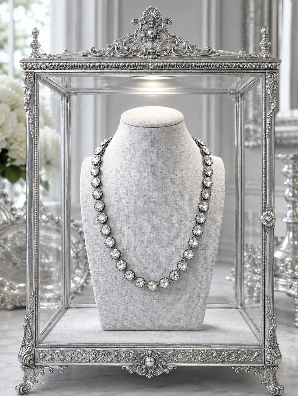 Stella and Dot Pewter Tone Silver Reproduction Faceted Crystal Clear Necklace